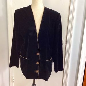 VTG TAN JAY WOMAN SIZE 12 BLACK VELOUR JACKET CARDIGAN BLAZER GOLDEN TRIM